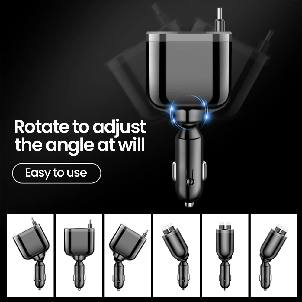 Retractable Car Charger 5 in 1 Fast Charging Car Charger Retractable Cable 2 Type C Ports Car Charger Adapter Compatible