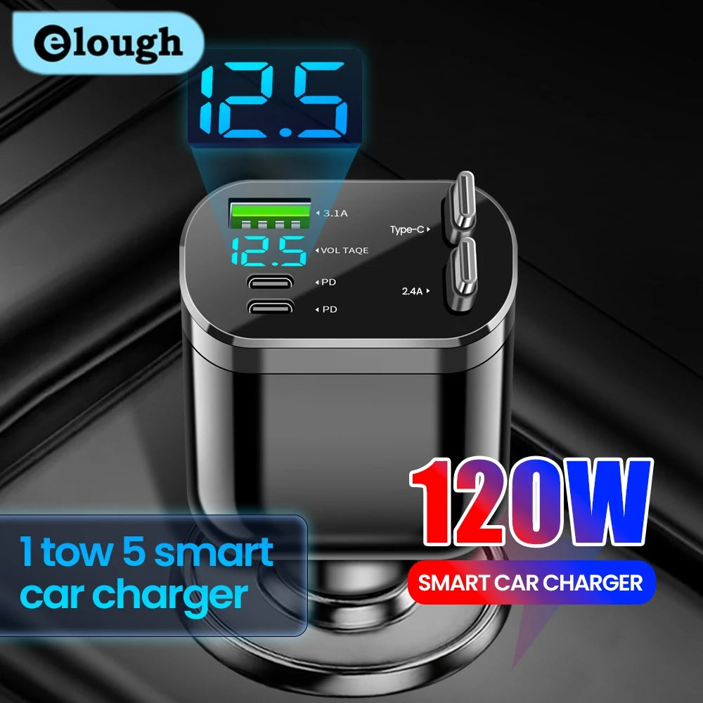 Retractable Car Charger 5 in 1 Fast Charging Car Charger Retractable Cable 2 Type C Ports Car Charger Adapter Compatible
