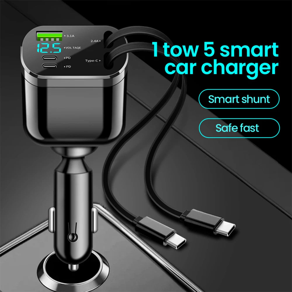 Retractable Car Charger 5 in 1 Fast Charging Car Charger Retractable Cable 2 Type C Ports Car Charger Adapter Compatible