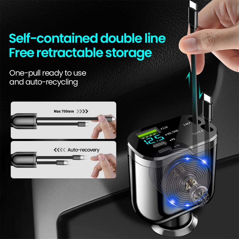 Retractable Car Charger 5 in 1 Fast Charging Car Charger Retractable Cable 2 Type C Ports Car Charger Adapter Compatible
