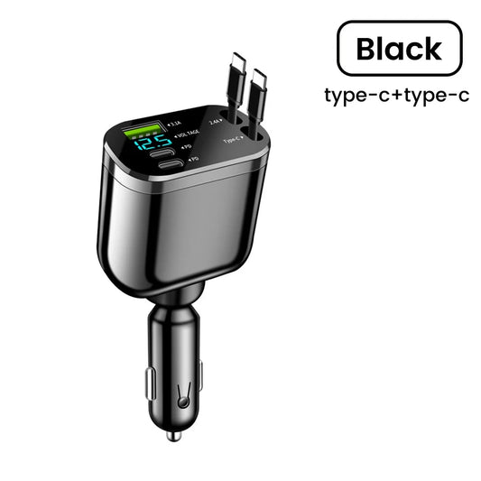 Retractable Car Charger 5 in 1 Fast Charging Car Charger Retractable Cable 2 Type C Ports Car Charger Adapter Compatible