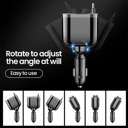 Retractable Car Charger 5 in 1 Fast Charging Car Charger Retractable Cable 2 Type C Ports Car Charger Adapter Compatible